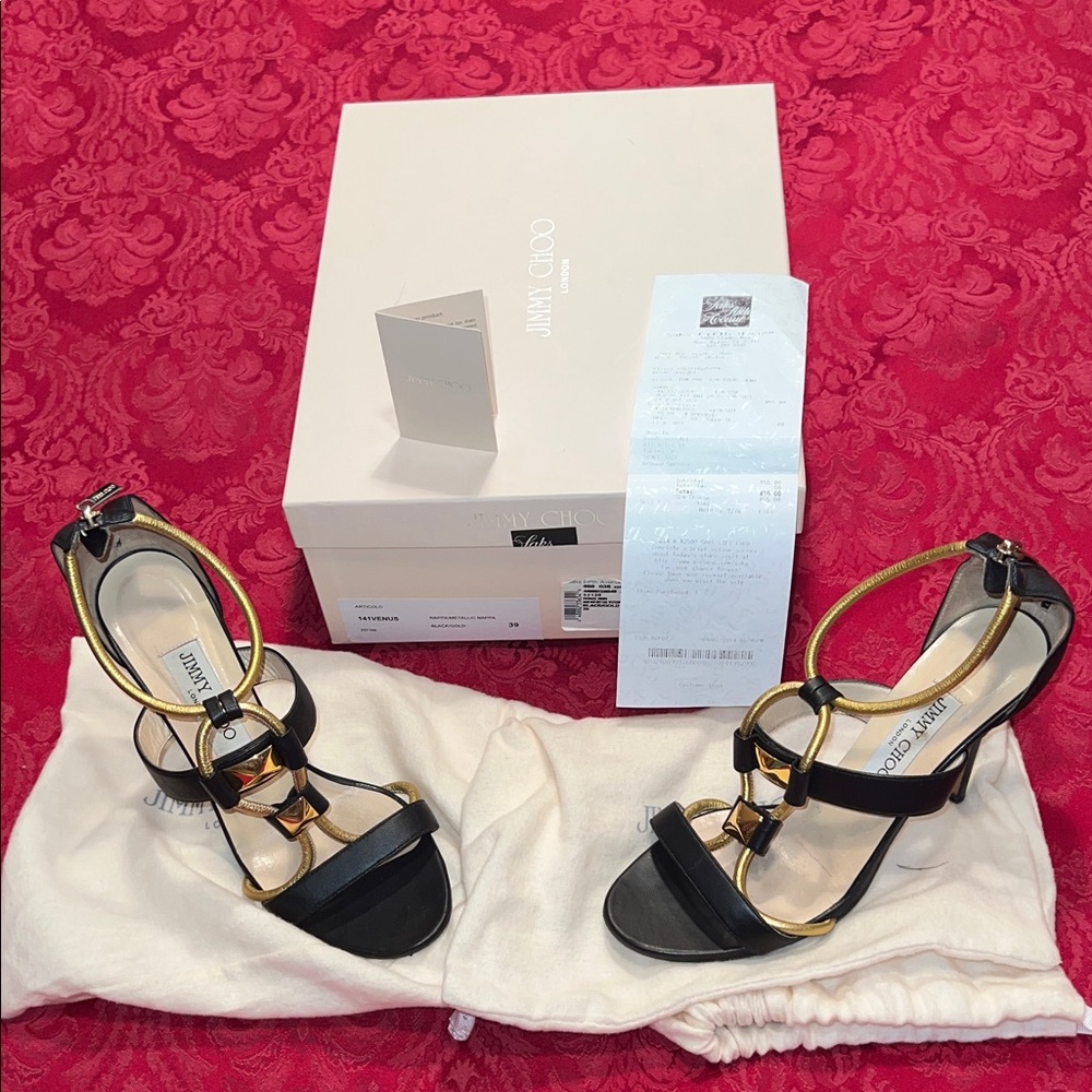 Like New Jimmy Choo Black and Gold Strappy Heels - Picture 2 of 10